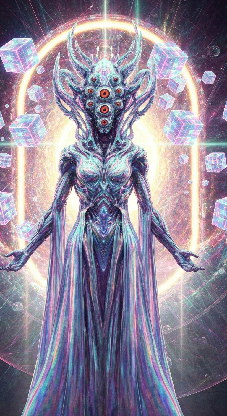 A photo of a divine, multi-eyed DMT entity standing in front of a portal to another dimension. The entity's form is fluid and constantly
mor...