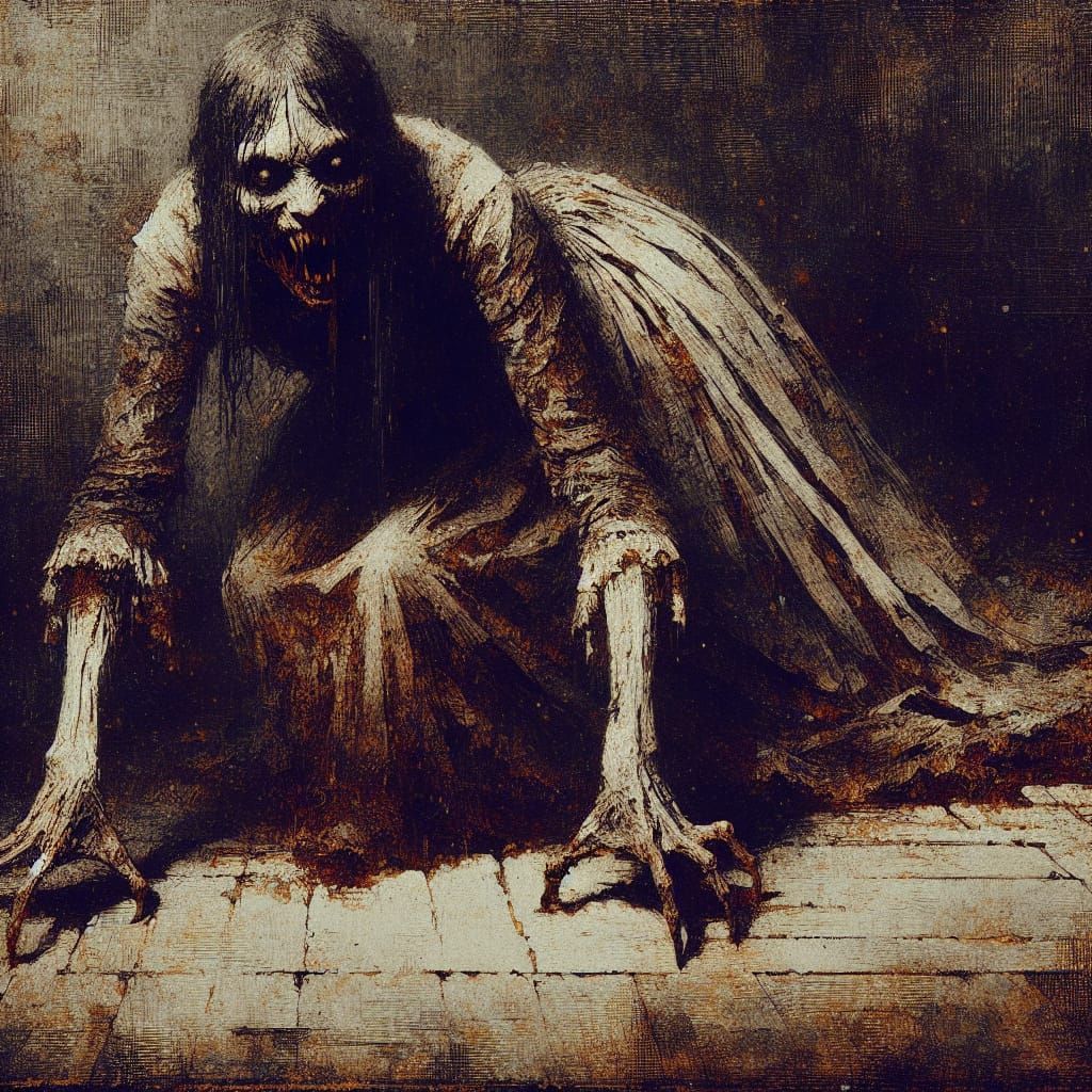 An vile looking (woman) resembling a demon, in motion draggi...
