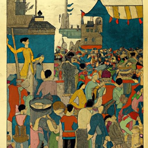 Colour Woodcut print. 