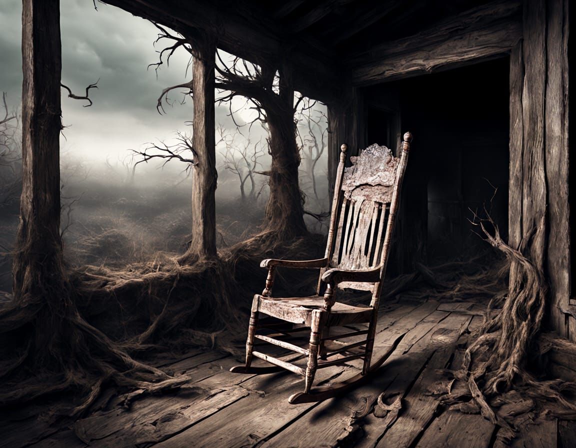 Boris Vallejo style, A rickety old broken wooden rocking chair on an eerie, misty rickety run down porch ...  by @Pinto