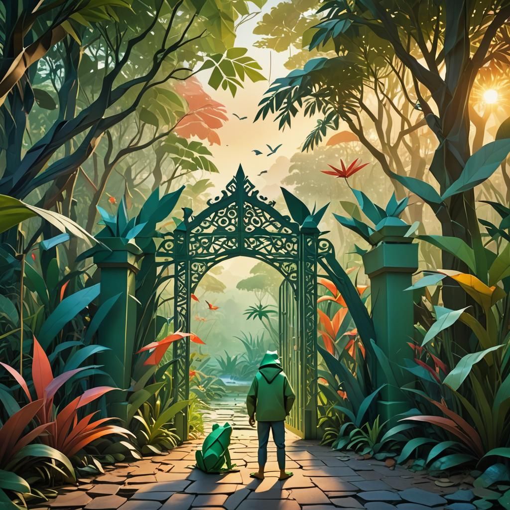 A man stands in front of a large gate in the jungle. A frog ...