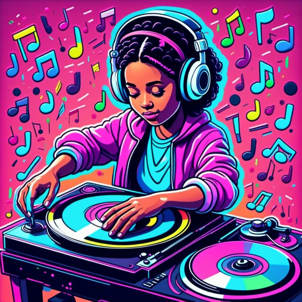 <lora:Funkydelic:1.0> A vinyl record spinning on a turntable, surrounded by pixelated music notes, neon outlines, liberated, 3D, funky 