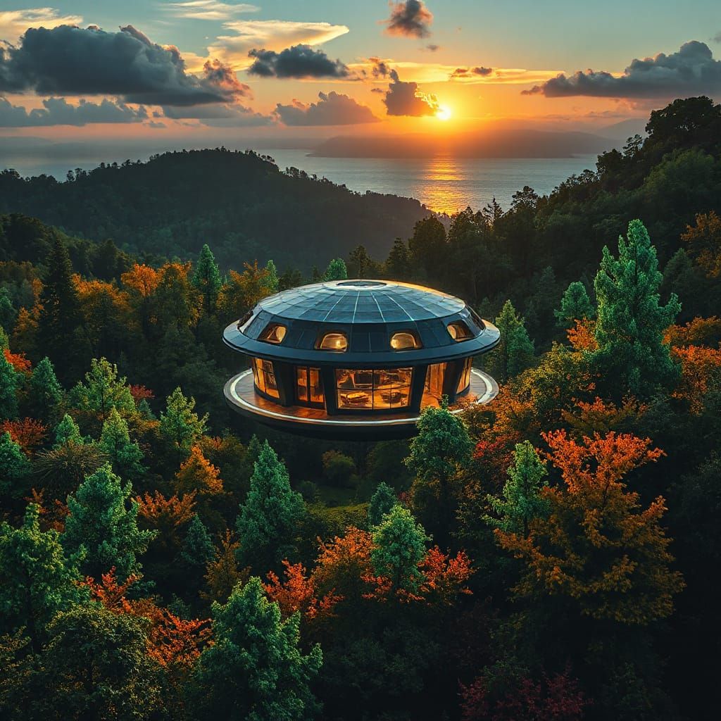 solarpunk, A floating eco-settlement using clean energy and surrounded by thriving nature, bioluminiscent ...  by @undefined