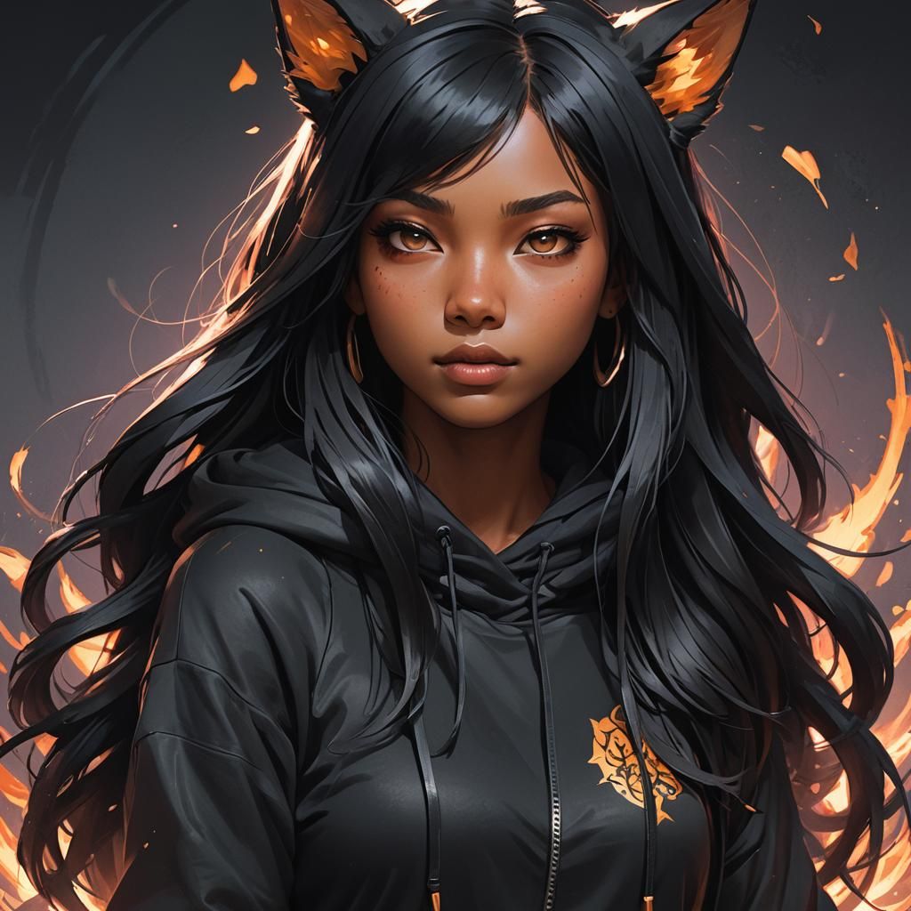 Black teenage Kitsune girl with long black hair wearing blac...