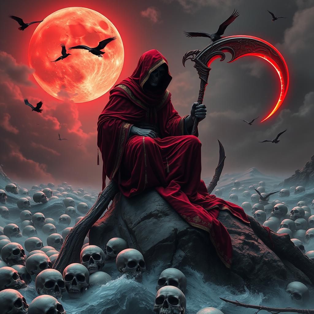 A grim reaper in a flowing red   by @Isa
