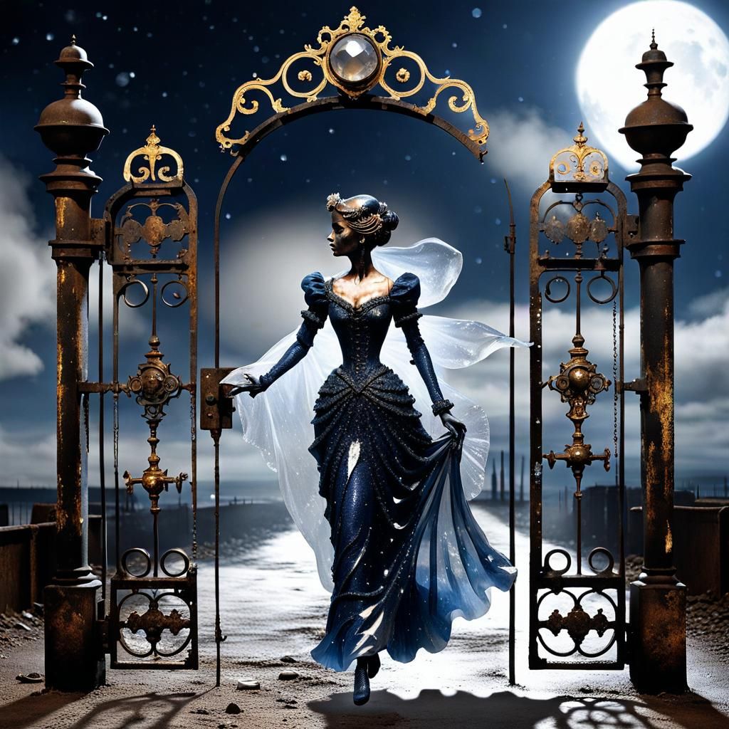 Landscape, night blue gold Victorian lady made of colored ro...