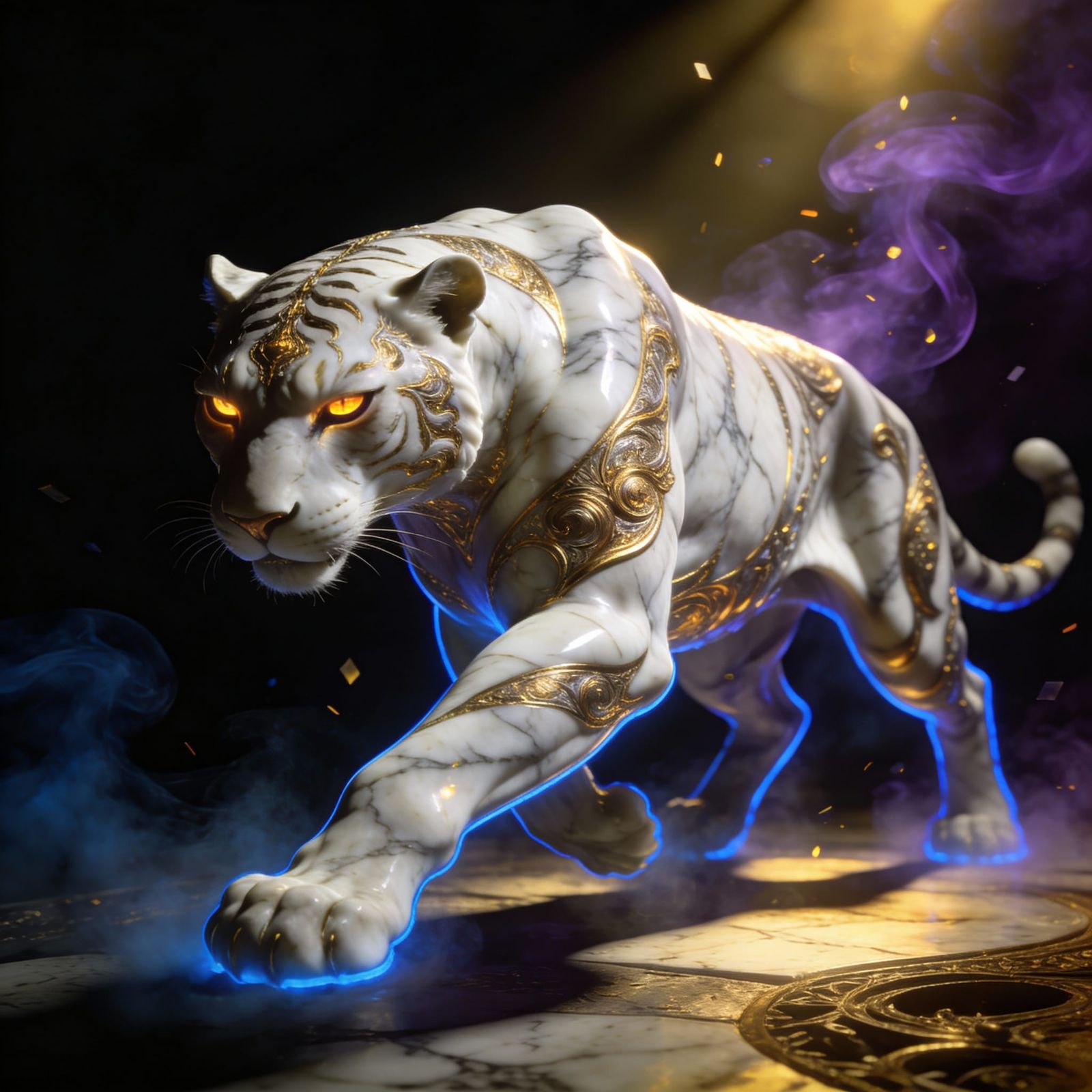 a panther made out out marble gold. The back ground is pure black with mystic smoke.  by @Adrian_does_ART