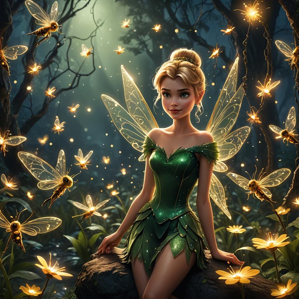 Tinker Bell hanging out with fireflies - AI Generated Artwork ...