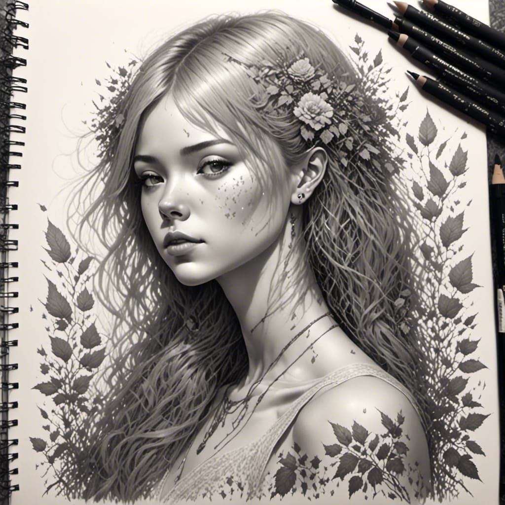 a beautiful woman, graphite, notebook, <lora:GraphiteMix:1.0>