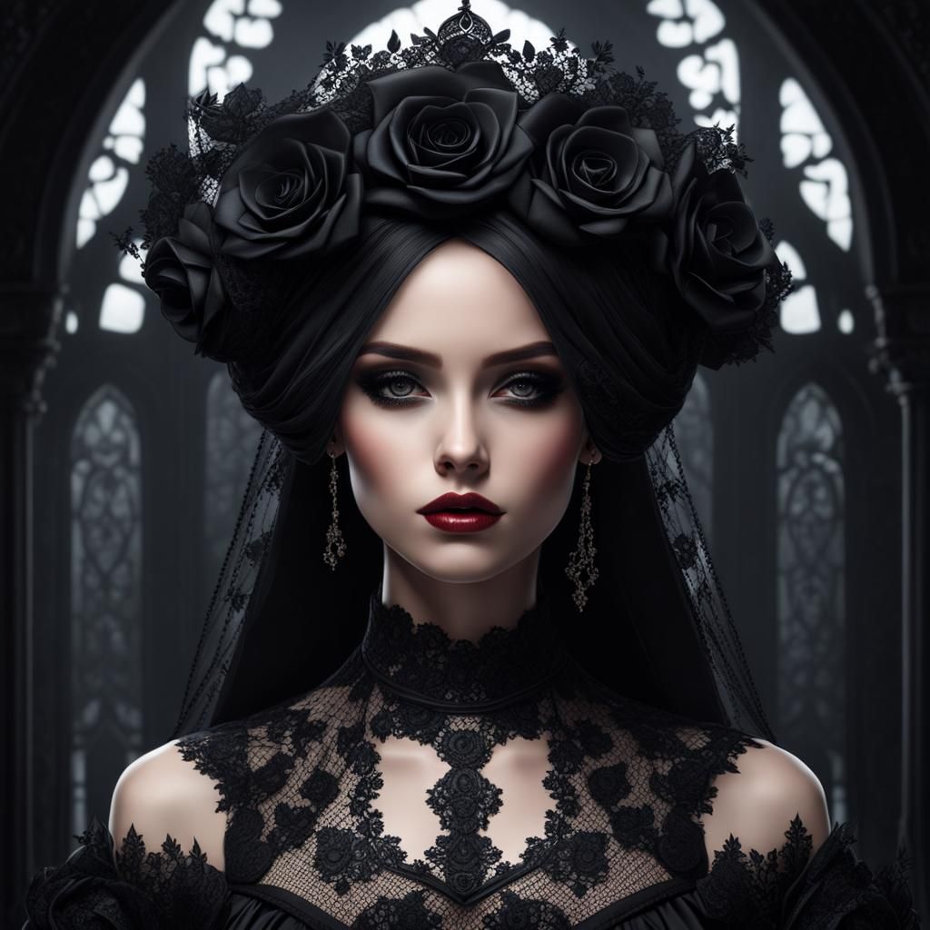 Beautiful gothic girl in a dress completely made of transparent black ...