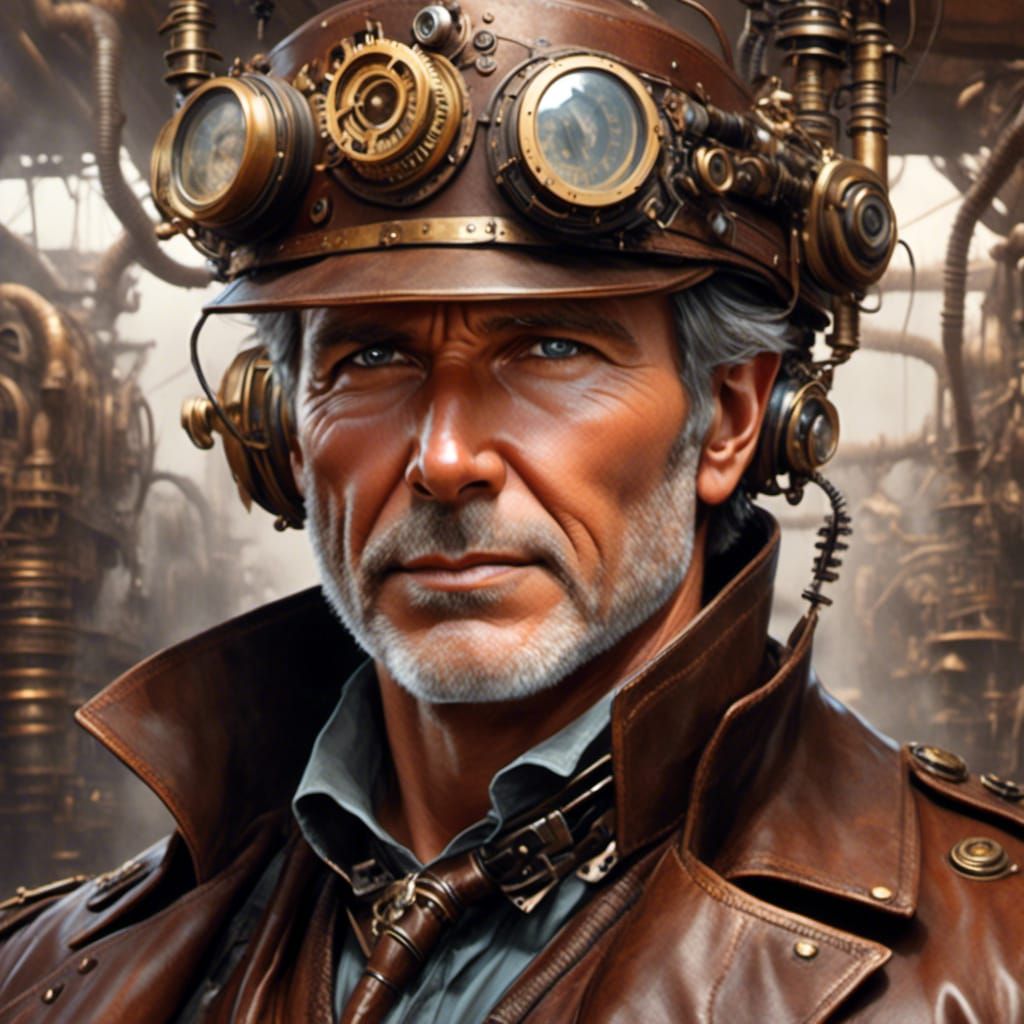 <lora:Epic Steampunk 3:1.0> Handsome portrait of Harrison Ford as hero , stunning