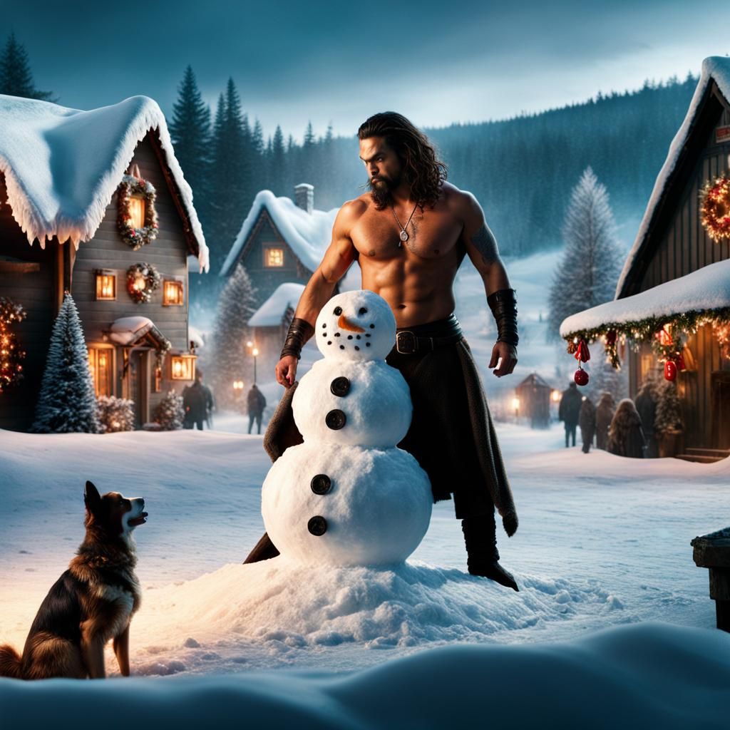 Shirtless Jason Momoa standing next to a half melted snowman...