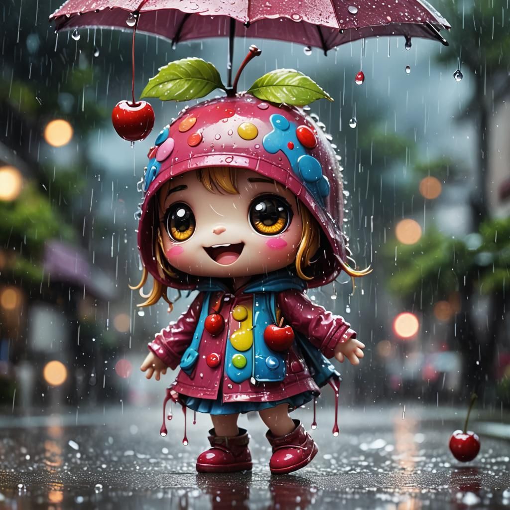 friendly cute chibi Cherry creature singing and dancing in r...