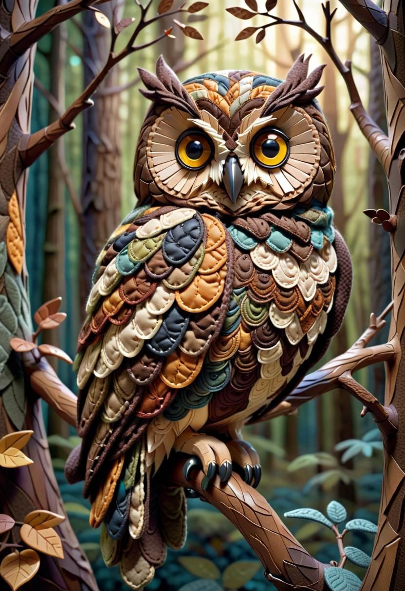 3D Quilted Patchwork Owl in Forest Scene
