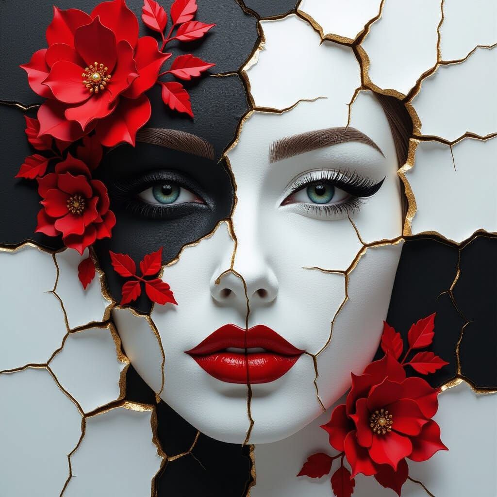 Surreal Woman Portrait of Cracked Plaster with Floral Accent...