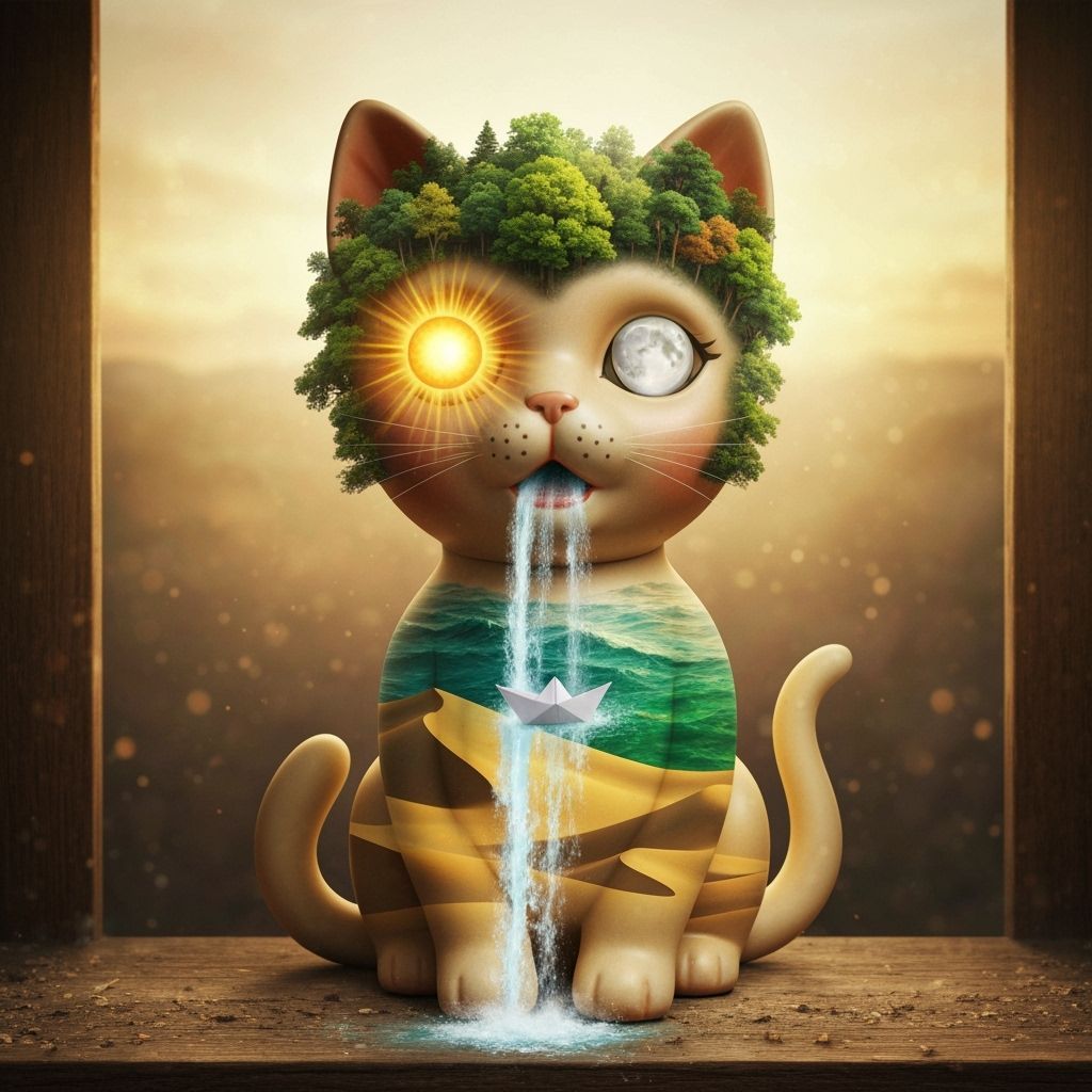 In a dreamlike style, a Kitty "doll" is on a shelf. And from it, in a double exposure, a waterfall descends from its mouth and with the wate...