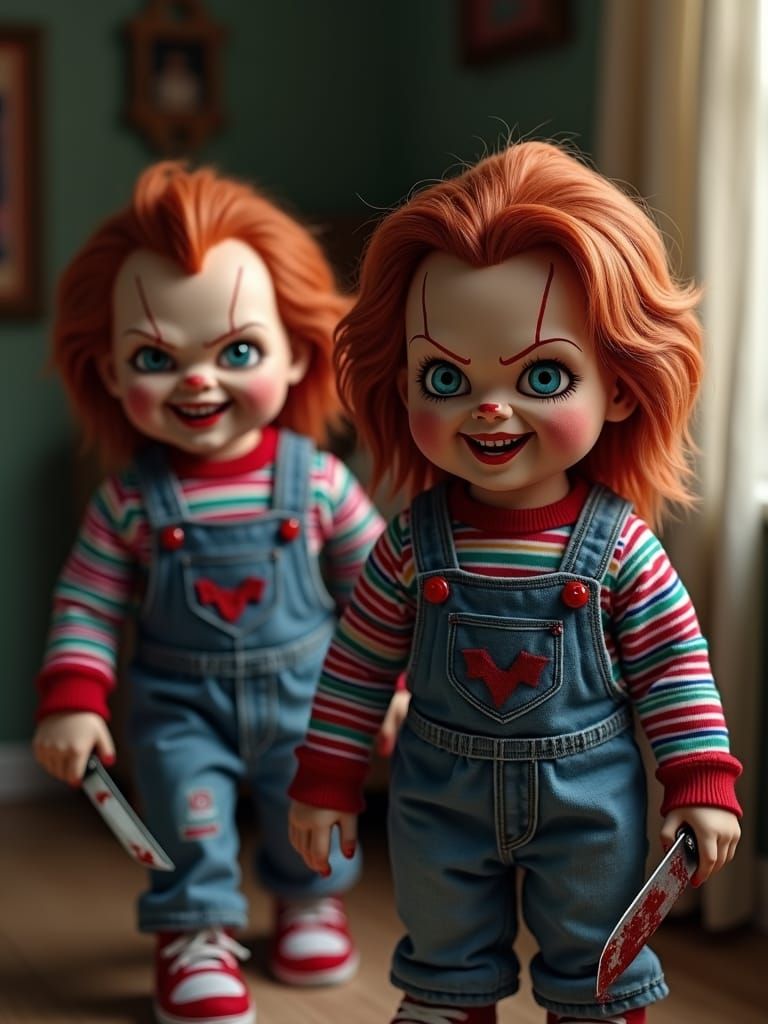 Super realistic detailed 8k photo of chucky and bride of chucky Tiffany going with a horror smile towards the viewer background a original c...