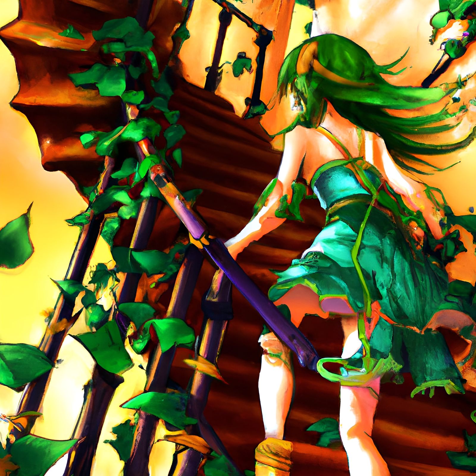 Dryad in a green dress walking down a vine covered staircase celshaded