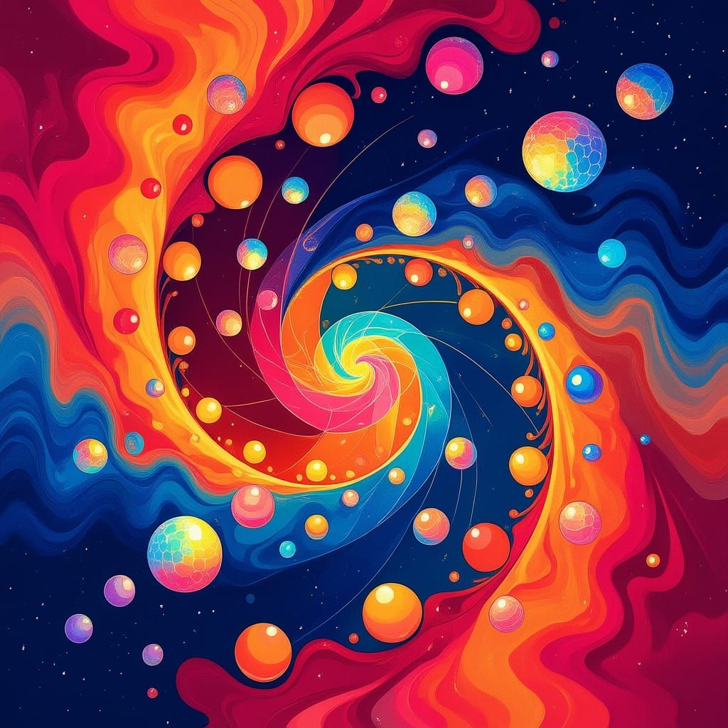 
"A whimsical abstract digital painting capturing the essence of 'cosmic candy marbling.' The design features hyper-detailed, vibrant swirls...