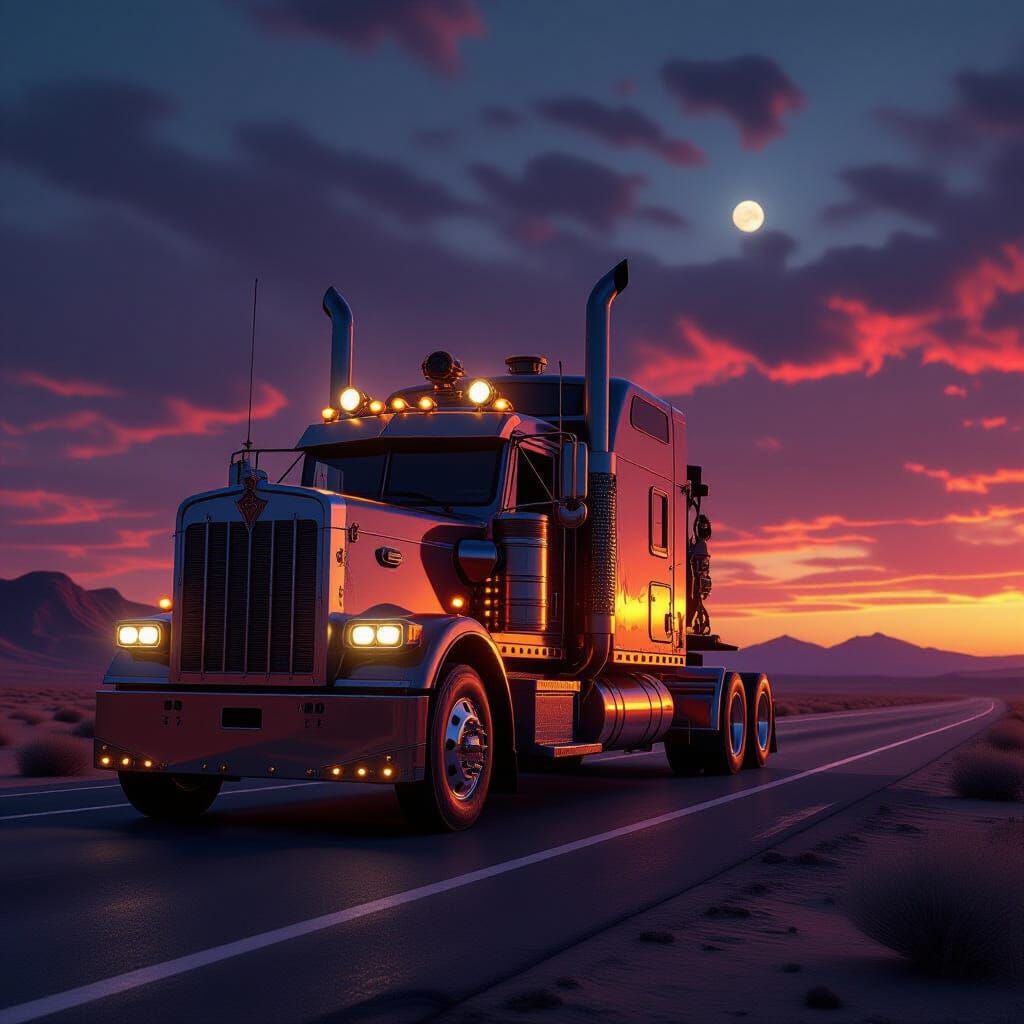 A colossal, ornate semi-truck, adorned with intricate brass gears and steam vents, navigates a desolate, windswept desert highway at dusk. T...
