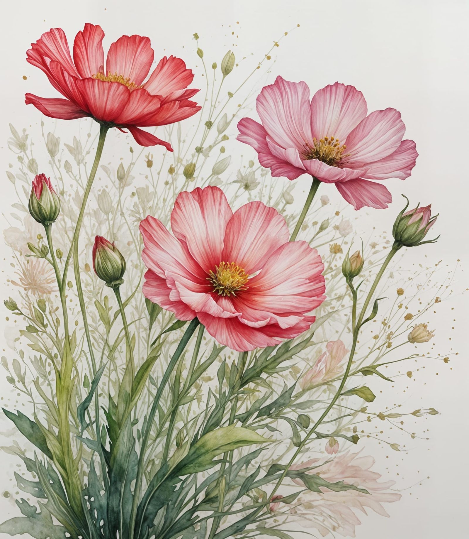 Cosmos flowers in watercolour on textured paper  by @Willow Strawberry