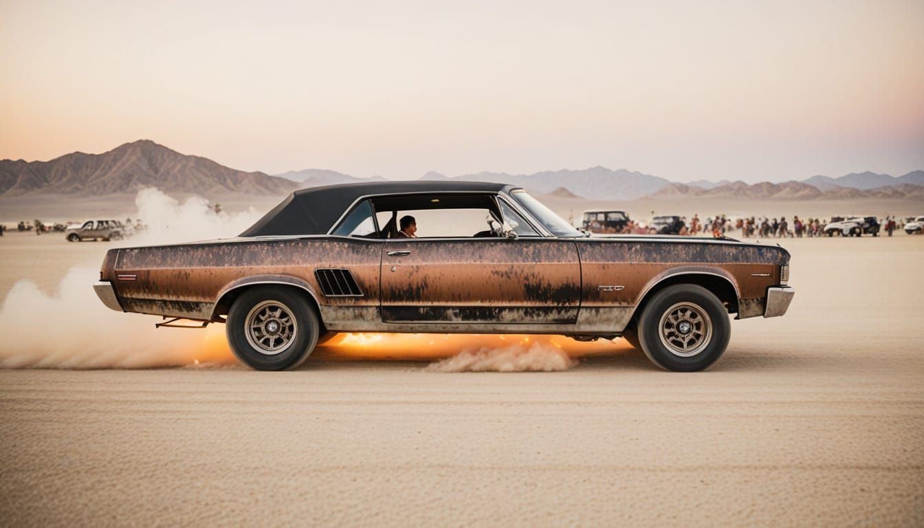 Old convertible in burnt copper races through the desert
