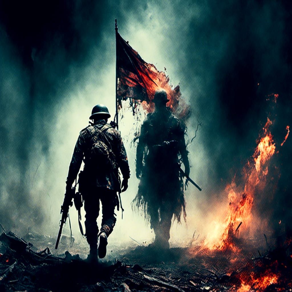 <lora:Macabre:1.0>  It is the future. A dirty soldier walks towards the camera from a fiery fog. He carries a ragged flag and drags a rifle.