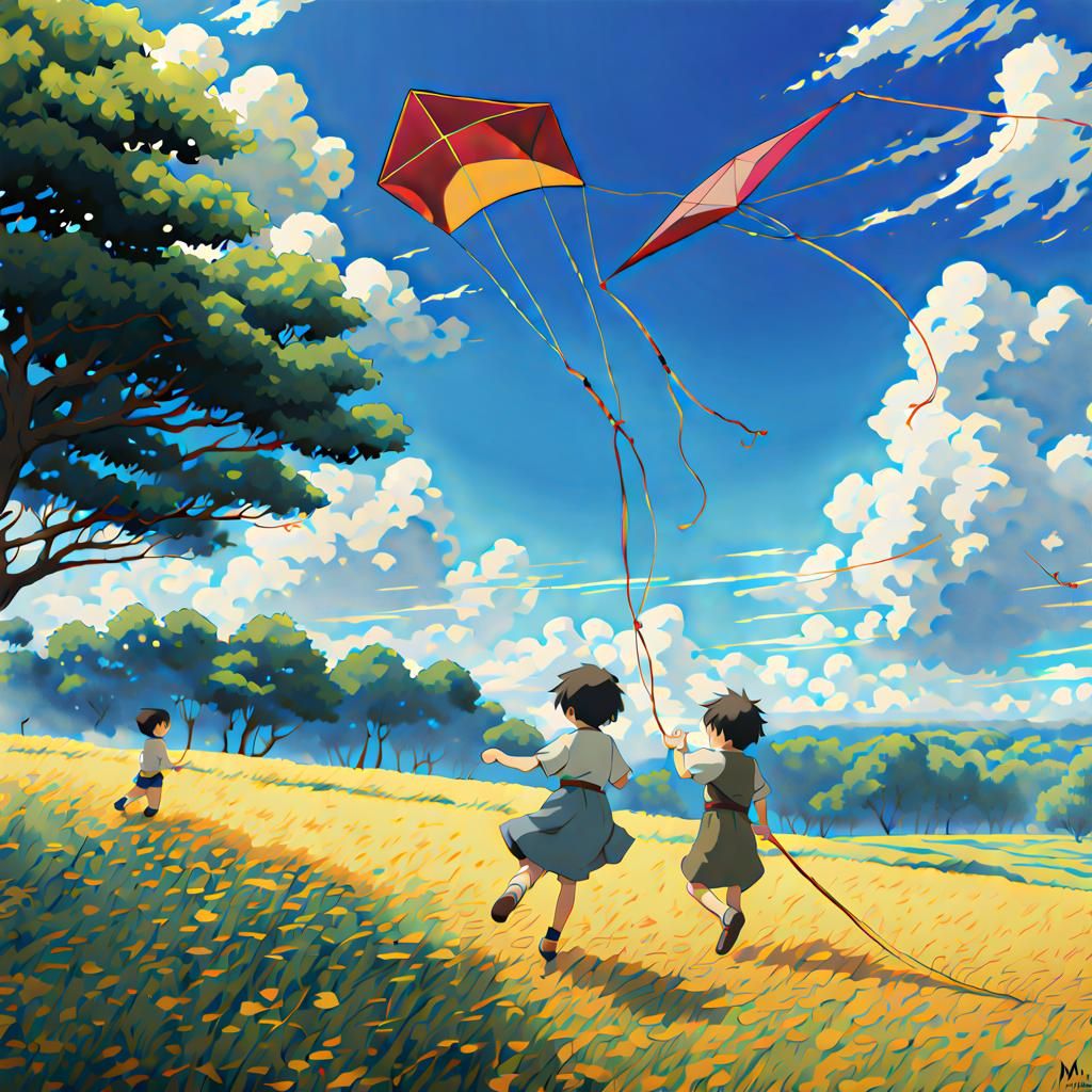 Children flying kite in a field Studio Ghibli, Anime Key Visual, by Makoto Shinkai, Deep Color, Intricate, ...  by @Micheal Bomberger