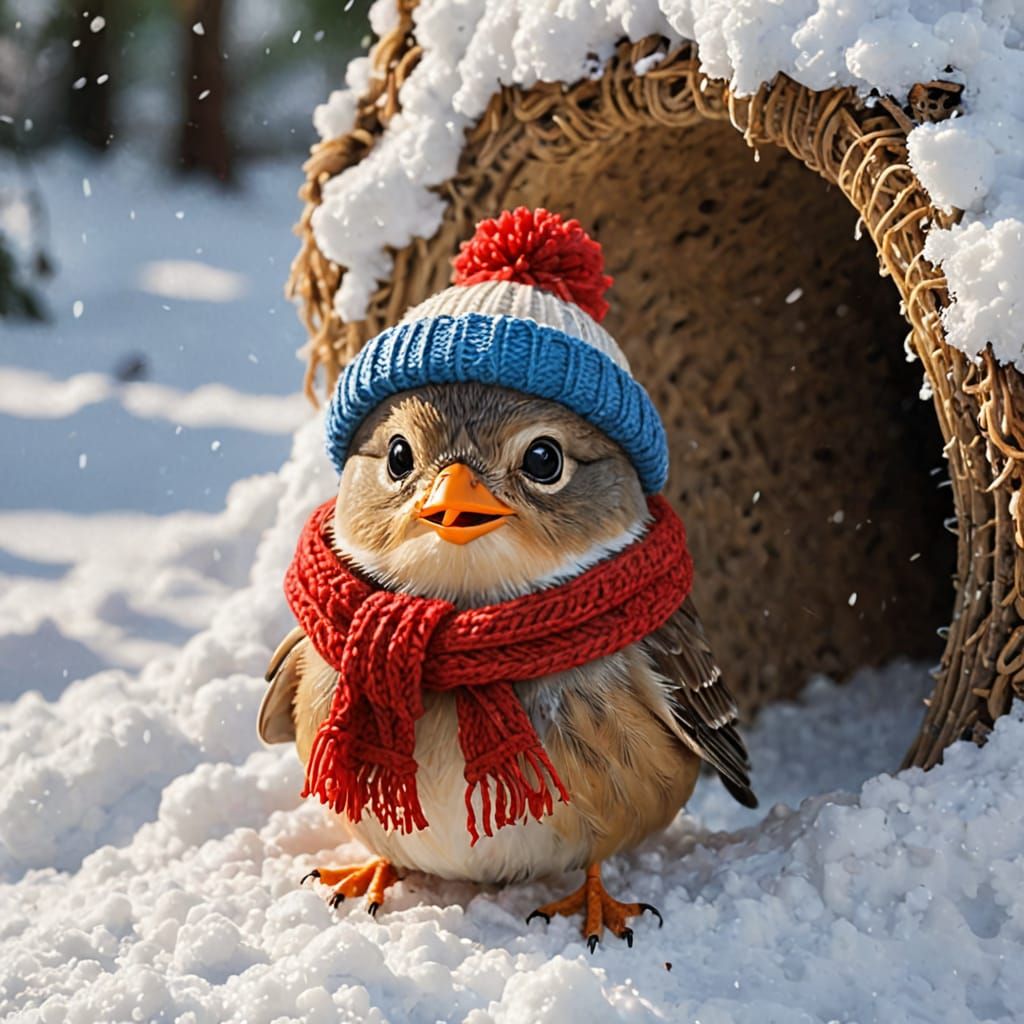 Sparrow with knitted hat and scarf