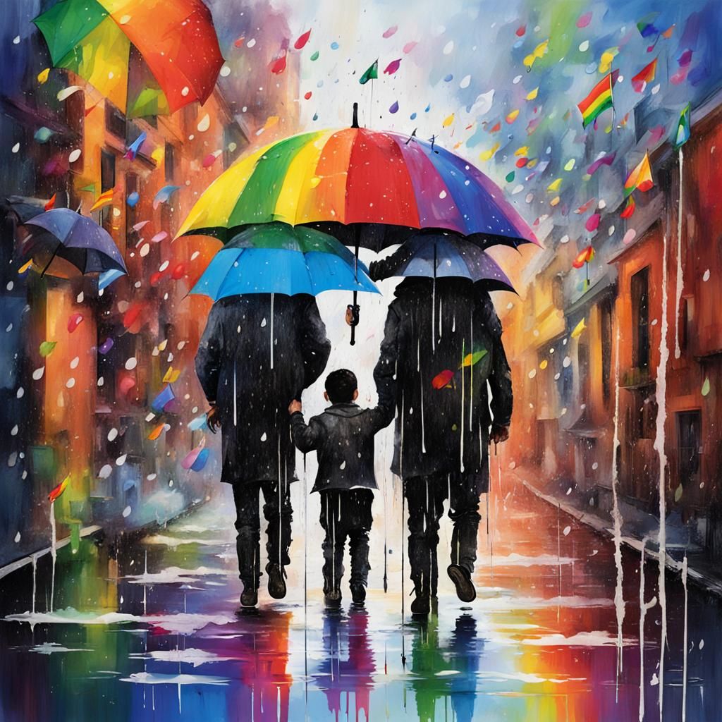 symbols art rain of lgbqb flag  cover with umbrella  (Use black color  family) , wet brush ,deep color ,wet wash photorealistic painting_art...