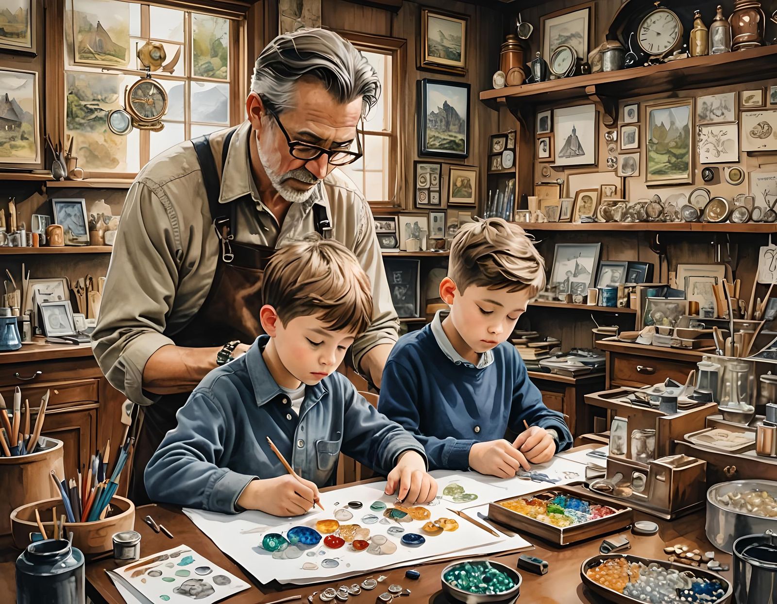 The jeweler watchmaker teaches his young sons.