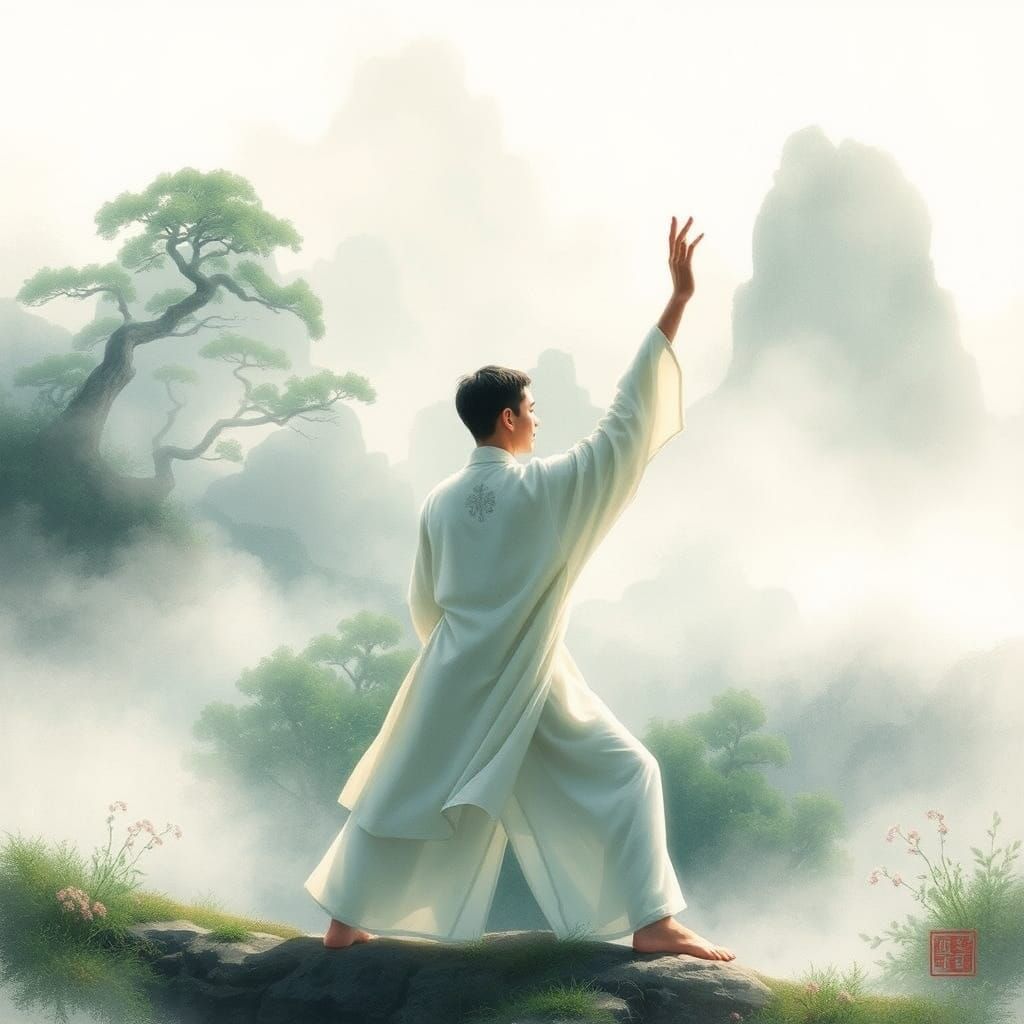 Tai Chi Master in Dreamy Chinese Landscape