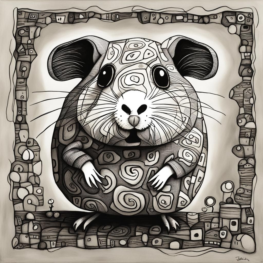 A whimsical guinea pig in the style of Tim Burton and Jean D...