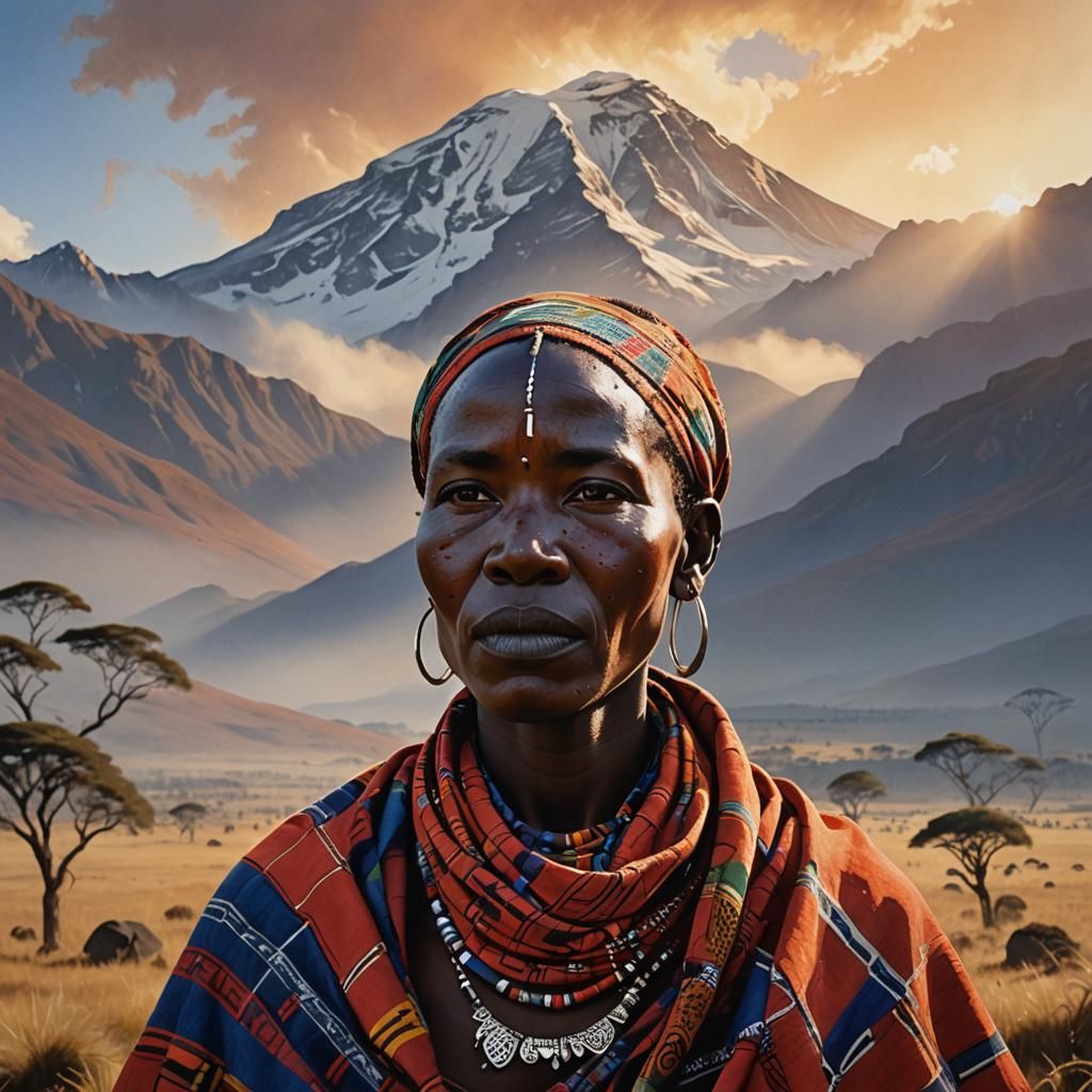 Detailed matte painting, Africa, mount Kenya, mist. C. Hyper...