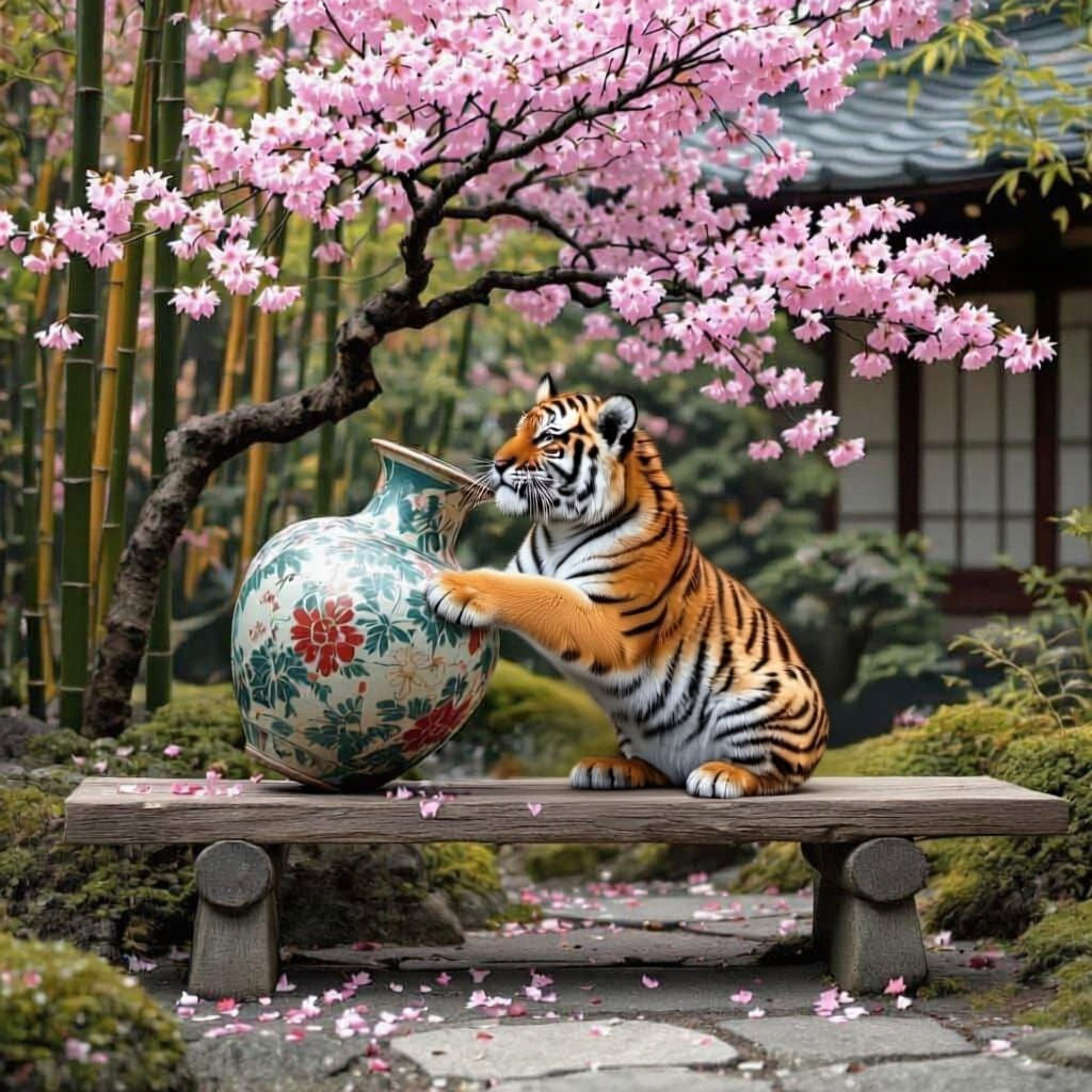 On a bench in a Japanese garden with bamboo and a Sakura tree, a tiger cub knocking over a large exotic vase tilted at a 45 degree angle 