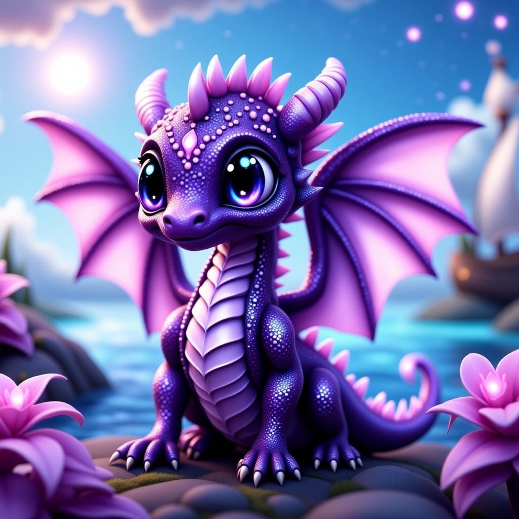 <lora:Flux Sparkly Dragon:1.0> Bejeweled amethyst baby dragon, big expressive eyes, intricate gemstone iridescent sparkling scales, symmetri...