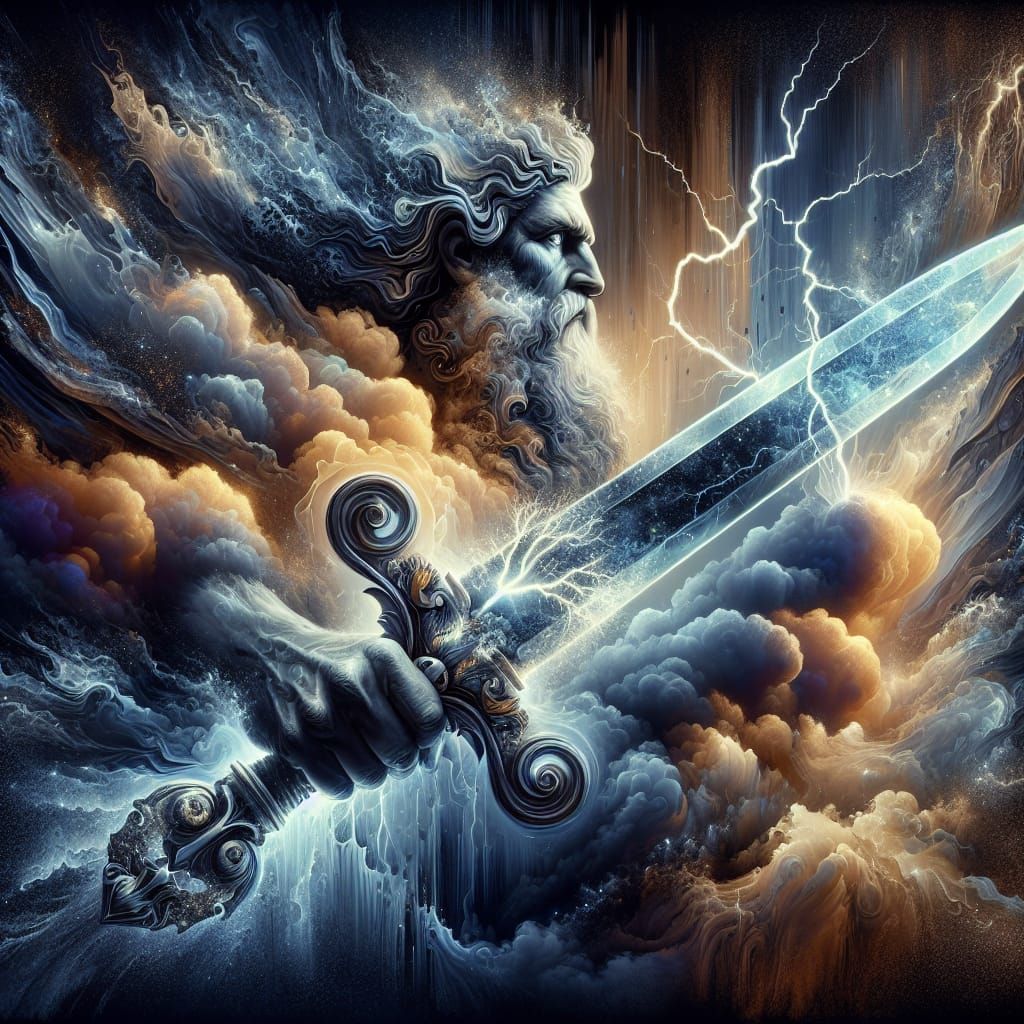 Zeus holding a mighty sword forged of storms, lightning to pierce, dark clouds of toxins to stop the ...  by @Kedrian