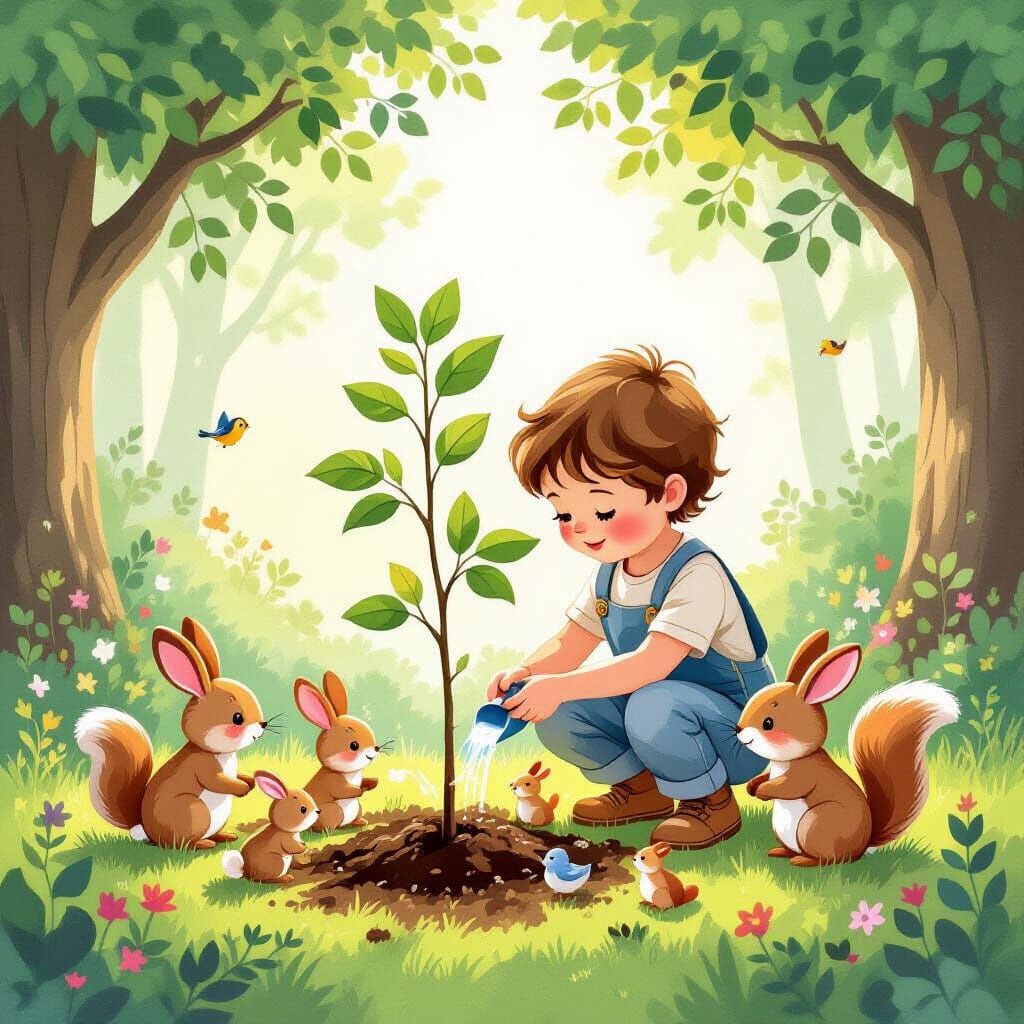 Whimsical Fairytale Illustration: Child Plants Tree with Woo...