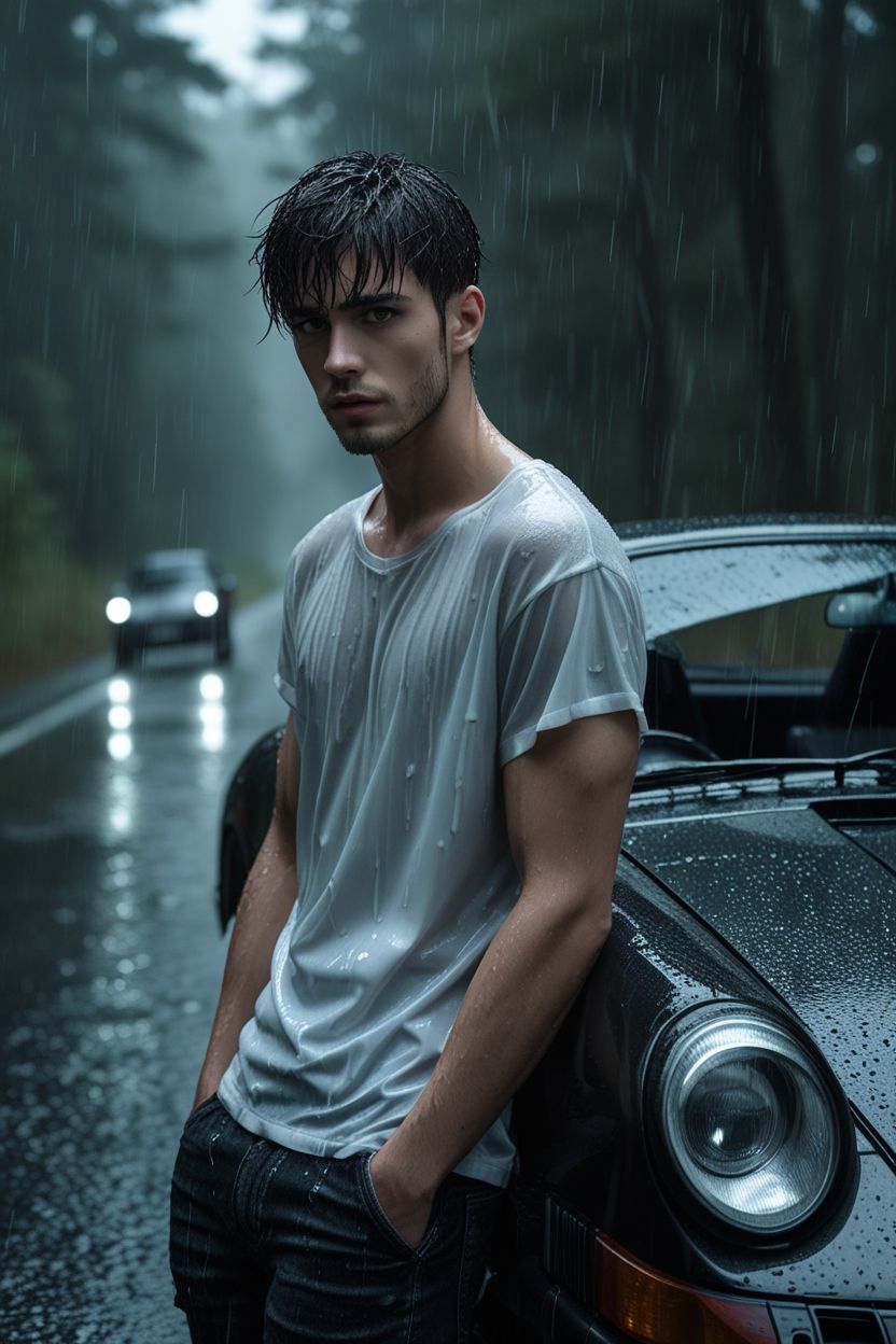 Handsome guy in rain