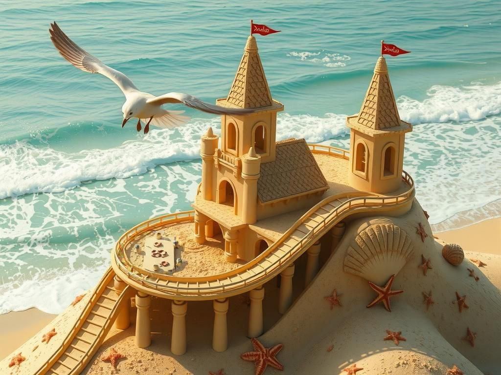 A sandcastle car, a sculpture made out of sand