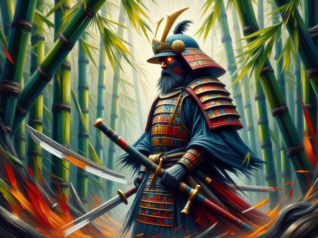 Surreal Samurai Warrior Posed in a Turbulent Bamboo Grove