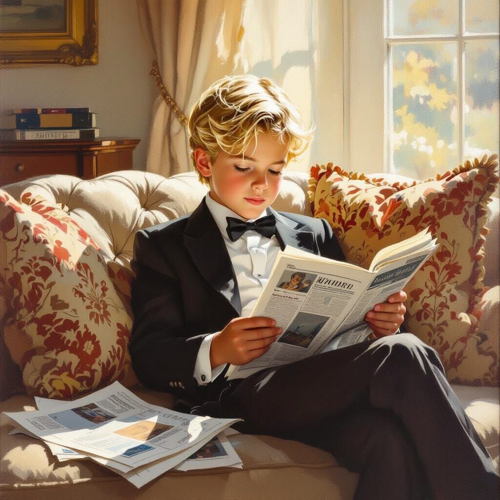 Handsome Boy Reading in Cozy Living Room - Oil Painting