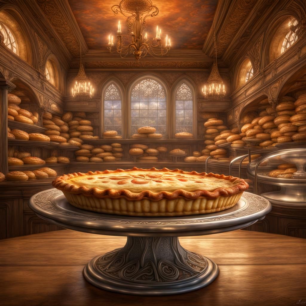 Visualize a single, magnificent pie centerpiece in a fantasy...