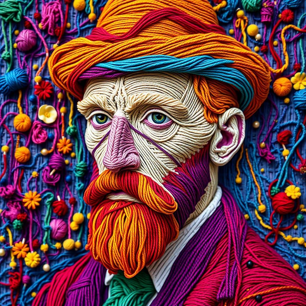 3 dimensional art, Vincent Yarn Gogh portrait created with many colors various vivid bright colors of ...  by @Kiwi99