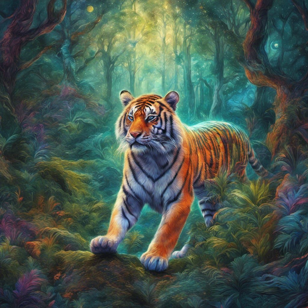 Tiger stalking through a mystical forest.