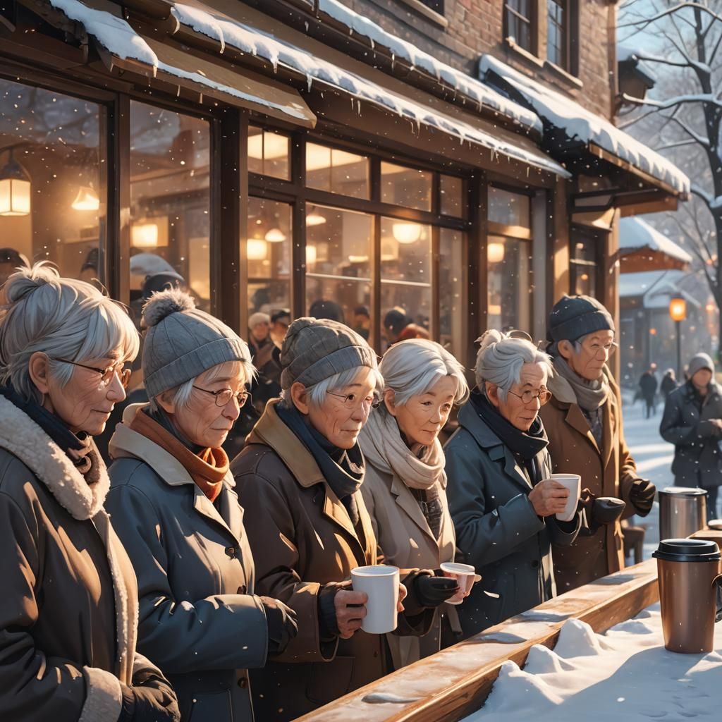 Snowy Cafe Queue: Hyper-Realistic 3D Anime Art