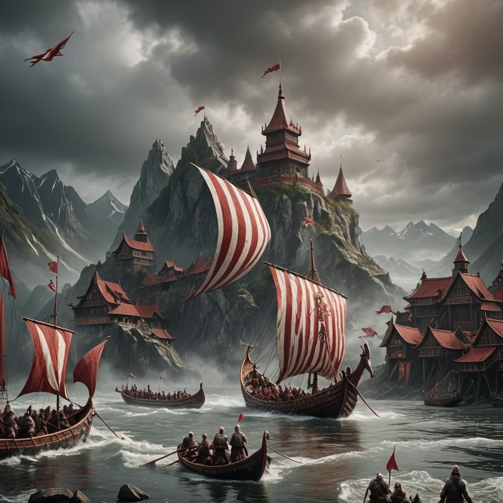 A Viking Dragon Boat With A Sail With Red And White Stripes Ai