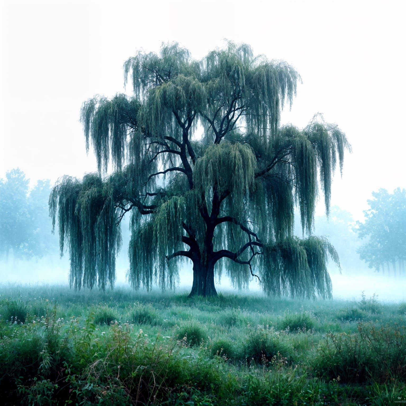 Large, weeping willow, with lucious branches in a foggy field, at misty summer morning