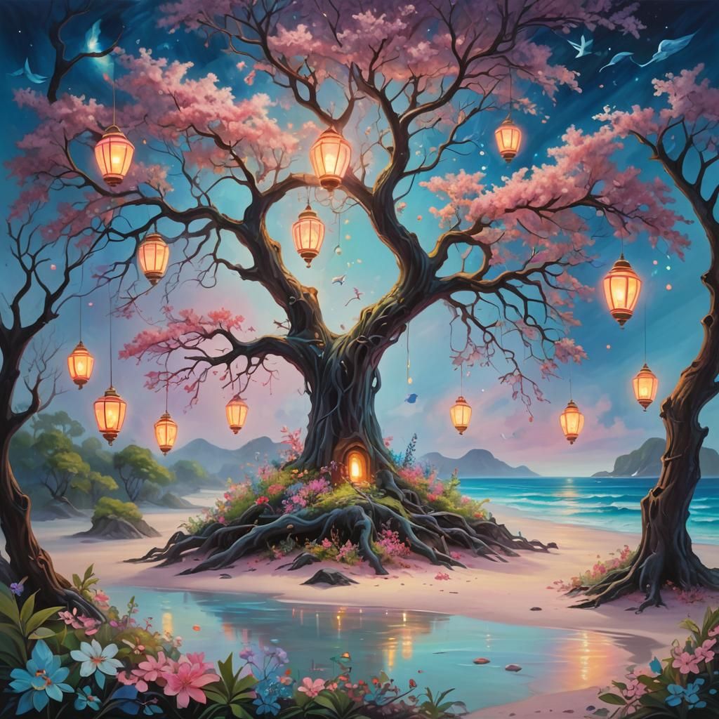 Ethereal island with glowing plants and mushrooms, surrounded by an ocean of pretty blue water that has a slight glow to it. Glowing flowers...