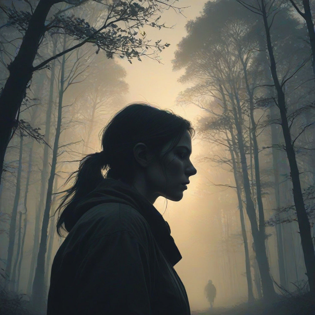 Silhouetted Girl in a Misty Forest with Dramatic Lighting
